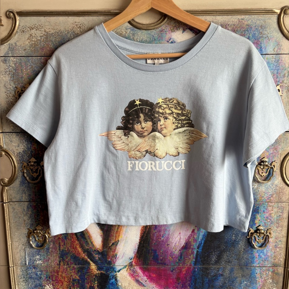 Fiorucci Light Blue Angel Print Women's crop Top NWT
